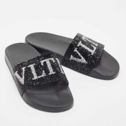 Pre Owned Valentino Black Crystals Logo Slides Size 41
