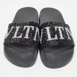 Pre Owned Valentino Black Crystals Logo Slides Size 41