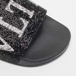 Pre Owned Valentino Black Crystals Logo Slides Size 41