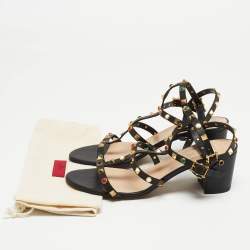 Pre Owned Valentino Black Leather Rolling Rockstud Ankle Strap Sandals Size 41