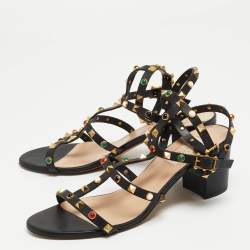 Pre Owned Valentino Black Leather Rolling Rockstud Ankle Strap Sandals Size 41
