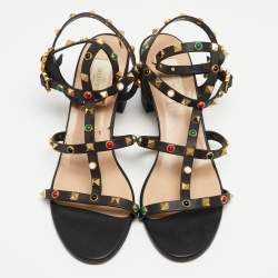 Pre Owned Valentino Black Leather Rolling Rockstud Ankle Strap Sandals Size 41