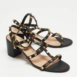 Pre Owned Valentino Black Leather Rolling Rockstud Ankle Strap Sandals Size 41