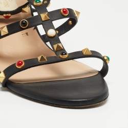Pre Owned Valentino Black Leather Rolling Rockstud Ankle Strap Sandals Size 41