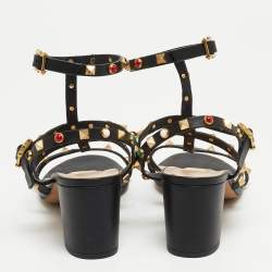Pre Owned Valentino Black Leather Rolling Rockstud Ankle Strap Sandals Size 41