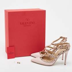 Pre Owned Valentino Pink Leather Rockstud Strappy Pointed Toe Pumps Size 39