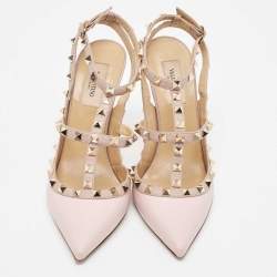 Pre Owned Valentino Pink Leather Rockstud Strappy Pointed Toe Pumps Size 39