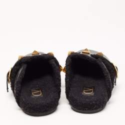 Pre Owned Valentino Black Leather Roman Stud Buckle Detail Flat Mules Size 38.5