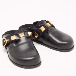 Pre Owned Valentino Black Leather Roman Stud Buckle Detail Flat Mules Size 38.5
