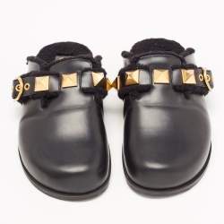 Pre Owned Valentino Black Leather Roman Stud Buckle Detail Flat Mules Size 38.5
