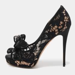 Valentino Black Lace and Mesh Bow Peep Toe Pumps Size 37