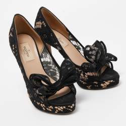 Valentino Black Lace and Mesh Bow Peep Toe Pumps Size 37