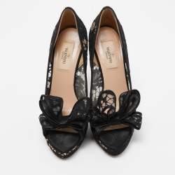 Valentino Black Lace and Mesh Bow Peep Toe Pumps Size 37