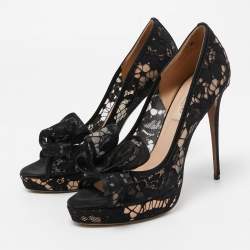 Valentino Black Lace and Mesh Bow Peep Toe Pumps Size 37