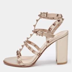 Pre Owned Valentino Metallic Gold Leather Rockstud Ankle Strap Sandals Size 37