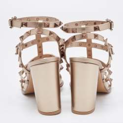 Pre Owned Valentino Metallic Gold Leather Rockstud Ankle Strap Sandals Size 37