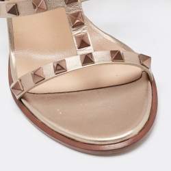 Pre Owned Valentino Metallic Gold Leather Rockstud Ankle Strap Sandals Size 37