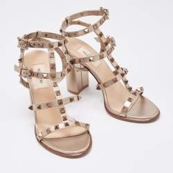 Pre Owned Valentino Metallic Gold Leather Rockstud Ankle Strap Sandals Size 37