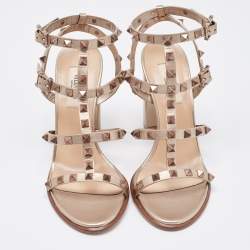 Pre Owned Valentino Metallic Gold Leather Rockstud Ankle Strap Sandals Size 37
