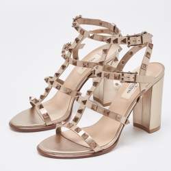 Pre Owned Valentino Metallic Gold Leather Rockstud Ankle Strap Sandals Size 37
