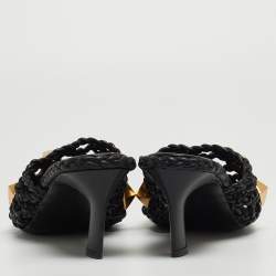 Pre Owned Valentino Black Woven Leather Roman Stud Slide Sandals Size 38.5