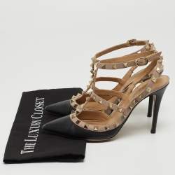Pre Owned Valentino Black/Beige Leather Rockstud Pumps Size 37