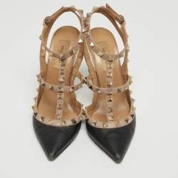Pre Owned Valentino Black/Beige Leather Rockstud Pumps Size 37