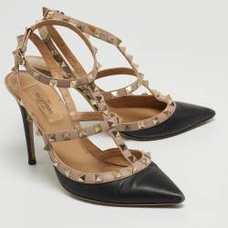 Pre Owned Valentino Black/Beige Leather Rockstud Pumps Size 37