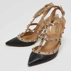 Pre Owned Valentino Black/Beige Leather Rockstud Pumps Size 37