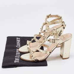 Pre Owned Valentino Gold Leather Rockstud Ankle Strap Sandals Size 37