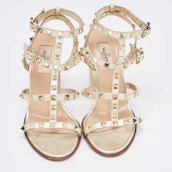 Valentino Gold Leather Rockstud Ankle Strap Sandals Size 37