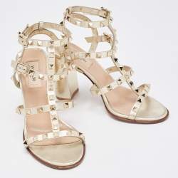 Pre Owned Valentino Gold Leather Rockstud Ankle Strap Sandals Size 37