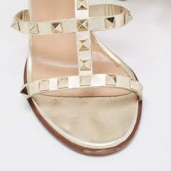 Pre Owned Valentino Gold Leather Rockstud Ankle Strap Sandals Size 37