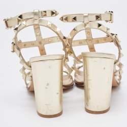 Pre Owned Valentino Gold Leather Rockstud Ankle Strap Sandals Size 37