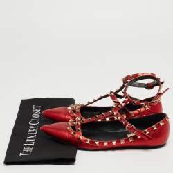 Pre Owned Valentino Metallic Red Leather Rockstud Ballet Flats Size 37