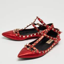 Pre Owned Valentino Metallic Red Leather Rockstud Ballet Flats Size 37