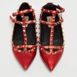 Pre Owned Valentino Metallic Red Leather Rockstud Ballet Flats Size 37