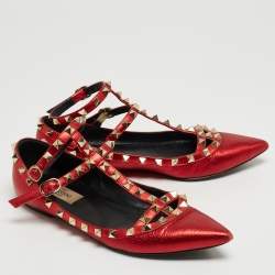 Pre Owned Valentino Metallic Red Leather Rockstud Ballet Flats Size 37
