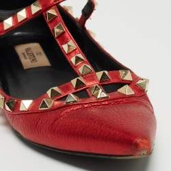Pre Owned Valentino Metallic Red Leather Rockstud Ballet Flats Size 37