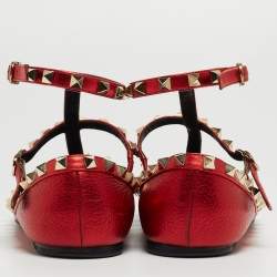Pre Owned Valentino Metallic Red Leather Rockstud Ballet Flats Size 37