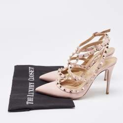 Pre Owned Valentino Pink Leather Rockstud Ankle Strap Pumps Size 38.5