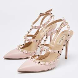Pre Owned Valentino Pink Leather Rockstud Ankle Strap Pumps Size 38.5
