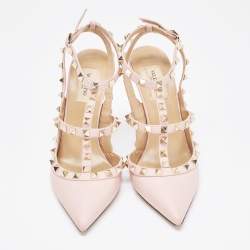 Pre Owned Valentino Pink Leather Rockstud Ankle Strap Pumps Size 38.5