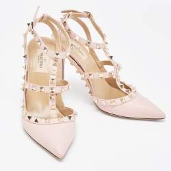 Pre Owned Valentino Pink Leather Rockstud Ankle Strap Pumps Size 38.5