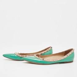 Pre Owned Valentino Green Patent Leather Rockstud Ballet Flats Size 37.5