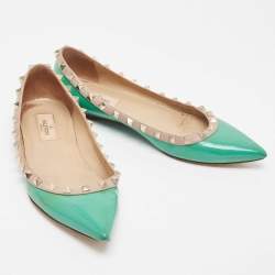 Pre Owned Valentino Green Patent Leather Rockstud Ballet Flats Size 37.5