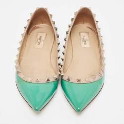 Pre Owned Valentino Green Patent Leather Rockstud Ballet Flats Size 37.5