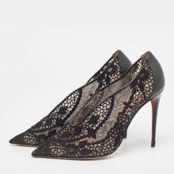 Pre Owned Valentino Black Leather and Lace  Fusion Pointed Toe Pumps Size 41