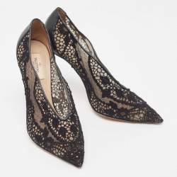 Pre Owned Valentino Black Leather and Lace  Fusion Pointed Toe Pumps Size 41