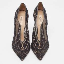 Pre Owned Valentino Black Leather and Lace  Fusion Pointed Toe Pumps Size 41